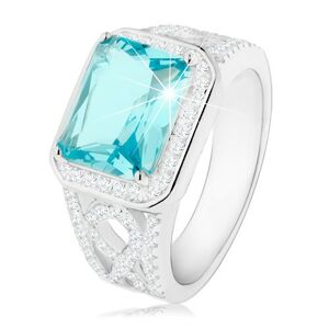 Stříbrný 925 prsten, ramena s ornamentem, světle modrý zirkon, čirá obruba - Velikost: 60
