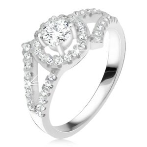 Stříbrný 925 prsten, rozvětvená ramena, okrouhlý kámen s lemem - Velikost: 53