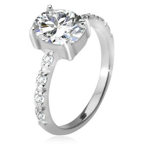 Stříbrný 925 prsten, zirkonová ramena, oválný čirý kamínek - Velikost: 49