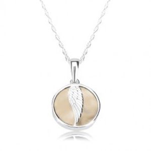 Stříbrný náhrdelník 925 - andělské křídlo, lesklý kruh, mramorová glazura krémové barvy