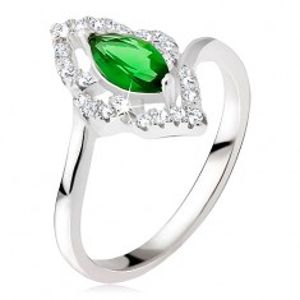 Stříbrný prsten 925 - elipsovitý kamínek zelené barvy, zirkonová kontura BB16.14
