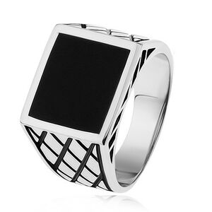 Stříbrný prsten 925, ramena s kosočtverci, černý glazovaný čtverec - Velikost: 66