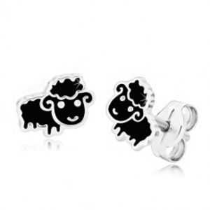 Stříbrné 925 náušnice - černá ovce zdobená lesklou glazurou, puzetky