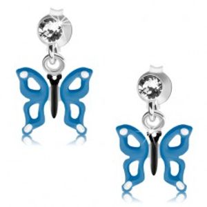 Stříbrné náušnice 925, modrobílý motýlek s výřezy na křídlech, krystal
