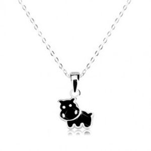 Stříbrný 925 náhrdelník - kravička zdobená černou glazurou, blýskavý řetízek