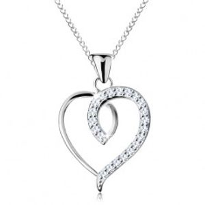 Stříbrný 925 náhrdelník, nesouměrný obrys srdce s třpytivou polovinou