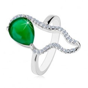 Stříbrný 925 prsten - velká zelená slza ze zirkonu, čirá asymetrická kontura K05.02