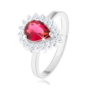 Stříbrný 925 prsten, červená zirkonová slza, čirý třpytivý lem HH12.19