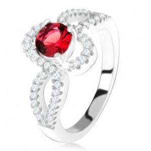Stříbrný 925 prsten, červený kulatý kámen, zatočená zirkonová ramena T23.17