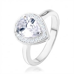 Stříbrný 925 prsten, čirá kapka - zirkon, třpytivý lem, výřezy HH2.8