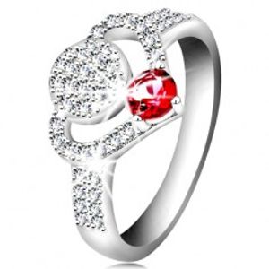Stříbrný 925 prsten, čirý zirkonový obrys srdce, kruh a blýskavý růžový zirkon K01.08