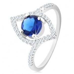 Stříbrný 925 prsten, blýskavý obrys zrnka, kulatý modrý zirkon HH15.17