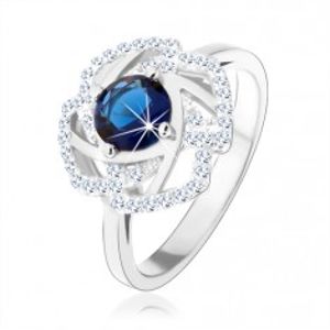 Stříbrný 925 prsten, třpytivý obrys květu, modrý kulatý zirkon HH2.3
