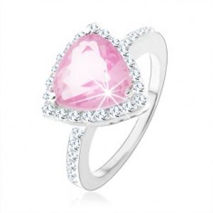 Stříbrný 925 prsten, trojúhelníkový růžový zirkon, blýskavý čirý lem K06.14