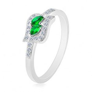 Stříbrný 925 prsten, zelená zirkonová zrnka v čiré kontuře, rhodiovaný K06.03