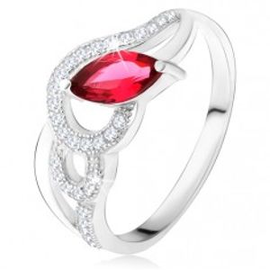 Stříbrný 925 prsten, zirkonové a hladké vlny, červený zrníčkovitý kámen U18.05