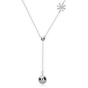 Stříbrný náhrdelník 925 - visící lesklá kulička na řetízku, zirkonový květ P09.04