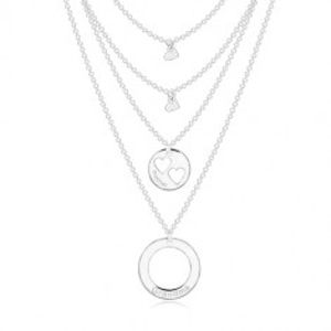 Stříbrný náhrdelník 925 - čtyři řetízky s přívěsky, kruhy a srdíčka, nápisy