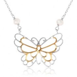 Stříbrný náhrdelník 925, kontura motýlka, vložené perleťové kuličky SP39.03