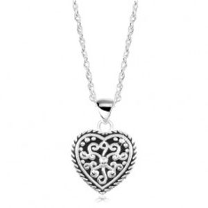 Stříbrný náhrdelník 925, srdce s patinou a ornamenty