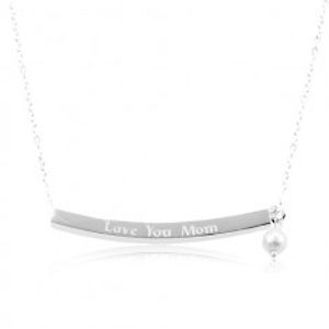 Stříbrný náhrdelník 925, úzký hranol s nápisem Love You Mom, bílá kulička
