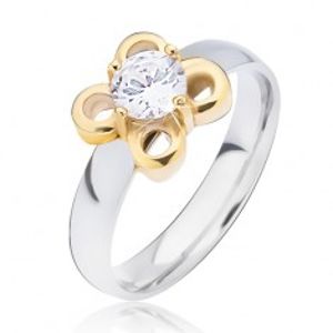 Stříbrný ocelový prsten, zlatý kvítek s čirým zirkonem L12.09
