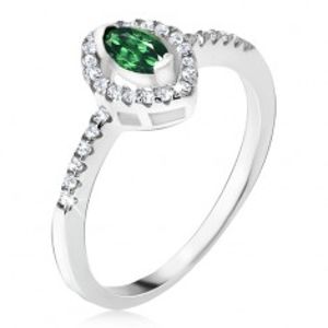 Stříbrný prsten 925 - elipsovitý zelený kamínek, zirkonová kontura BB15.04