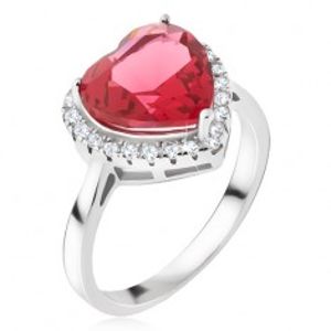 Stříbrný prsten 925 - velký červený srdcovitý kámen, zirkonový lem BB17.01