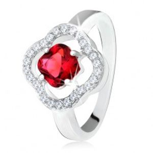 Stříbrný prsten 925, broušený červený kámen, čiré zirkony, květ SP28.25