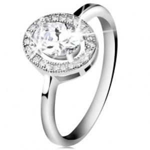 Stříbrný prsten 925, broušený oválný zirkon, čirý blýskavý lem H9.13