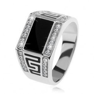 Stříbrný prsten 925, černý obdélník, čiré blyštivé kamínky, řecký klíč S81.07