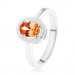 Stříbrný prsten 925, oranžový oválný zirkon, čirý blyštivý lem HH1.4