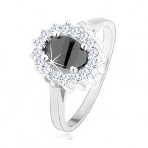 Stříbrný prsten 925, oválný černý zirkon, třpytivá obruba, rhodiovaný HH11.18