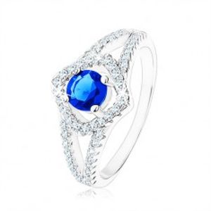 Stříbrný prsten 925, rozdvojená ramena, obrys čtverce, modrý zirkon HH7.19