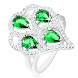 Stříbrný prsten 925, střapec ze zelených zirkonových slziček s čirým lemem HH15.7