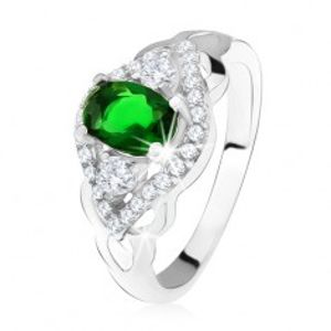 Stříbrný prsten 925, tmavě zelený kámen, lem z čirých zirkonů, tvar oka SP24.03