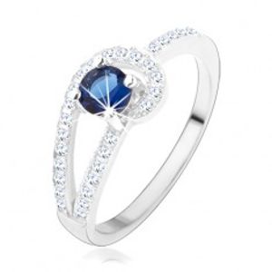 Stříbrný prsten 925, třpytivé linie čiré barvy, kulatý modrý zirkon HH4.15