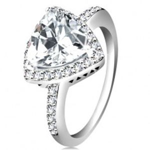 Stříbrný prsten 925, čirý trojúhelníkový zirkon, blýskavý lem, výřezy K01.02