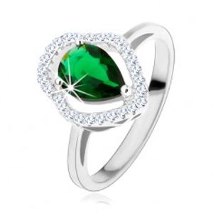 Stříbrný prsten 925, zelená zirkonová kapka, čirý blyštivý obrys HH3.6