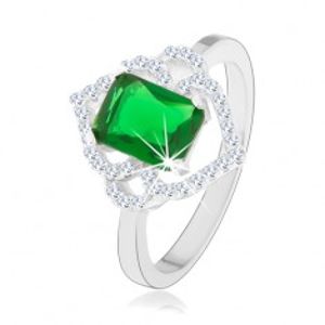 Stříbrný prsten 925, zelený obdélníkový zirkon, čiré obrysy lístků, obloučky HH13.15