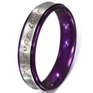 Stříbrný prsten z oceli - text Forever Love, fialové okraje L5.01