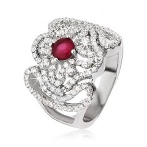 Stříbrný prsten 925, zirkonový kříž, zvlněné linie a růžovočervený kamínek J05.19