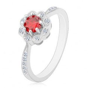 Stříbrný rhodiovaný prsten 925, blýskavý kvítek s červenooranžovým zirkonem J15.09
