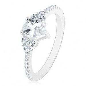 Stříbro 925 - zásnubní prsten, vroubkované okraje se zirkonky, blýskavá čirá slza J03.02