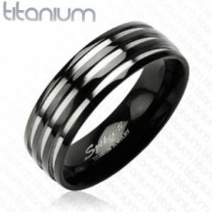 Titanový snubní prsten - se třemi stříbrnými pruhy, černý D8.4
