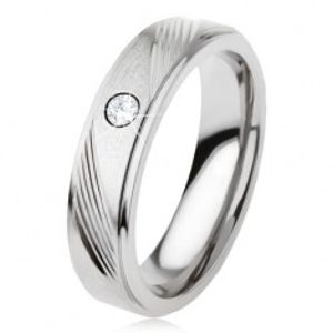 Titanový prsten stříbrné barvy, šikmé zářezy, čirý zirkon SP24.25