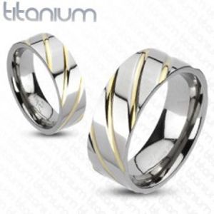 Titanový prsten - stříbrný, zlaté proužky F2.13