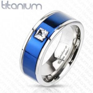 Titanový prsten s modrým pruhem a čtvercovým zirkonem K17.3/K17.4