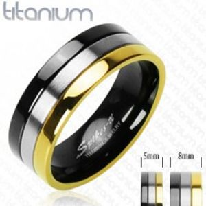 Titanové snubní prstýnky s onyxovým, stříbrným a zlatým pruhem D17.9