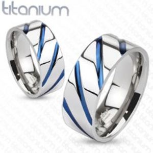 Titanový prsten stříbrné barvy, vysoký lesk, šikmé modré zářezy SP63.19